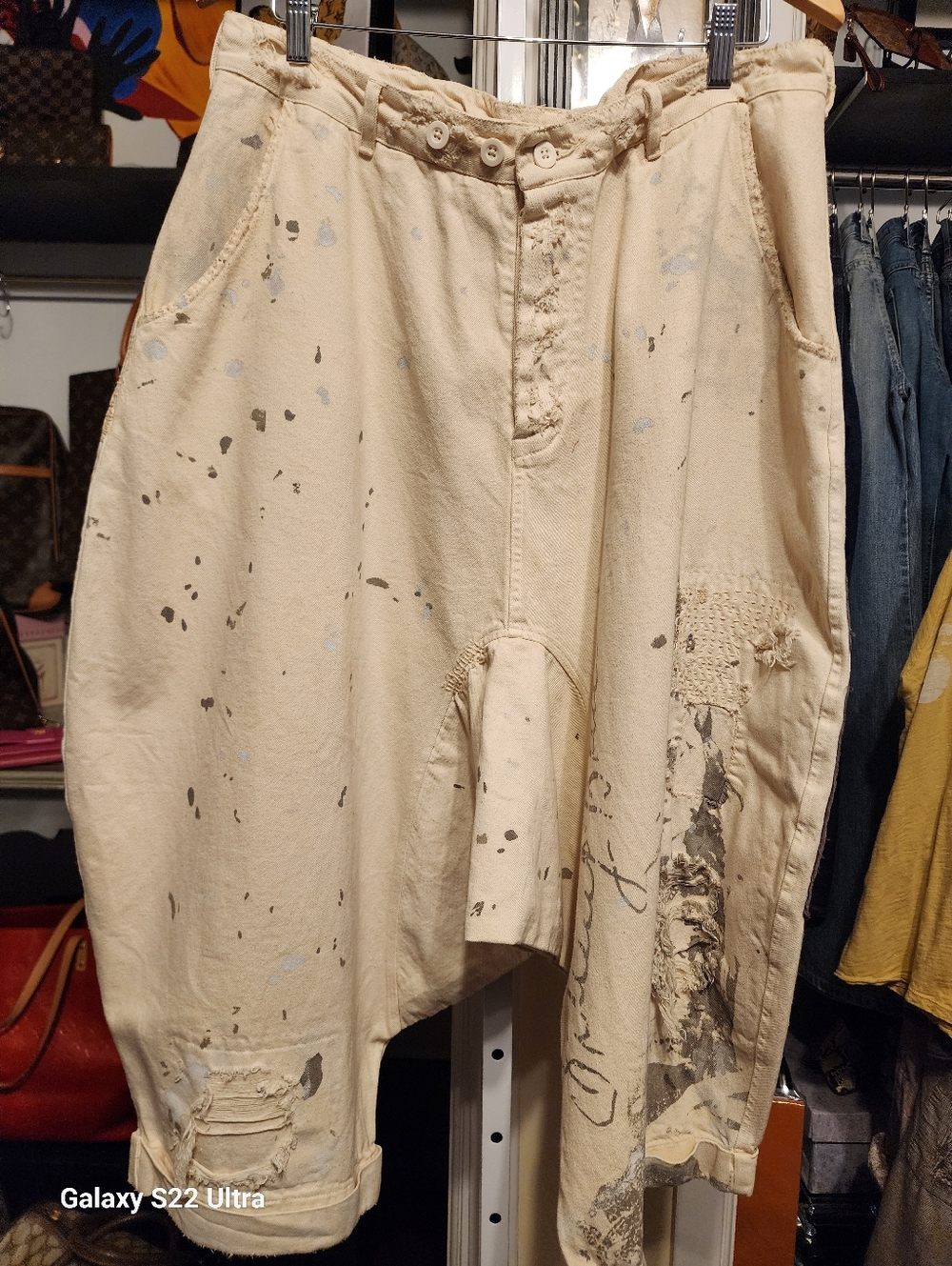 Magnolia Pearl Harem Cream Paint-Splatter Relaxed Cotton Pants